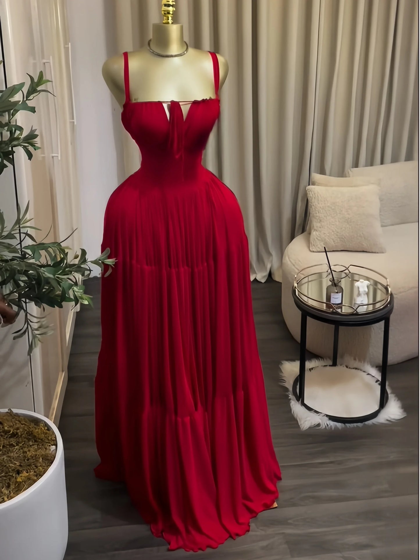 Long Strapless Halter Slim Pleated Dress
