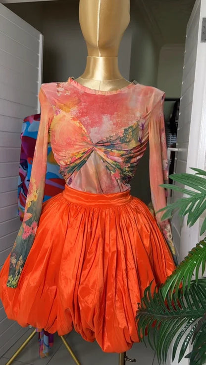 Ruched Cross Floral Print Bud Mini Skirt Suit