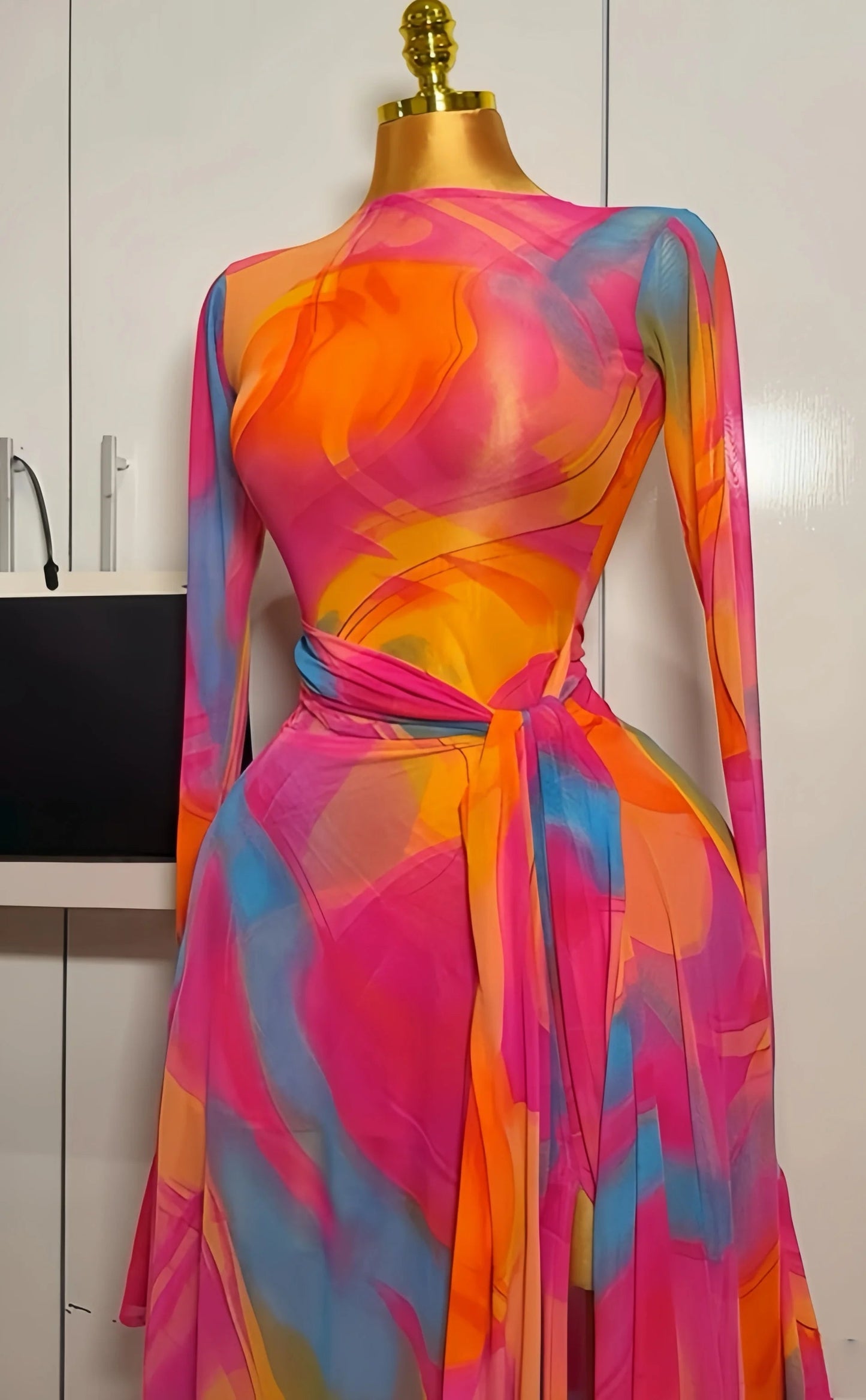 Women Long Flare Sleeve Mermaid Maxi Belt Dress