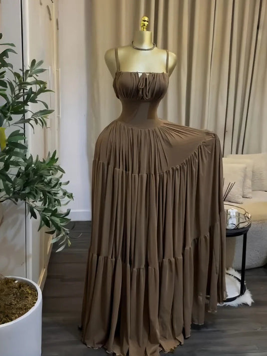 Long Strapless Halter Slim Pleated Dress