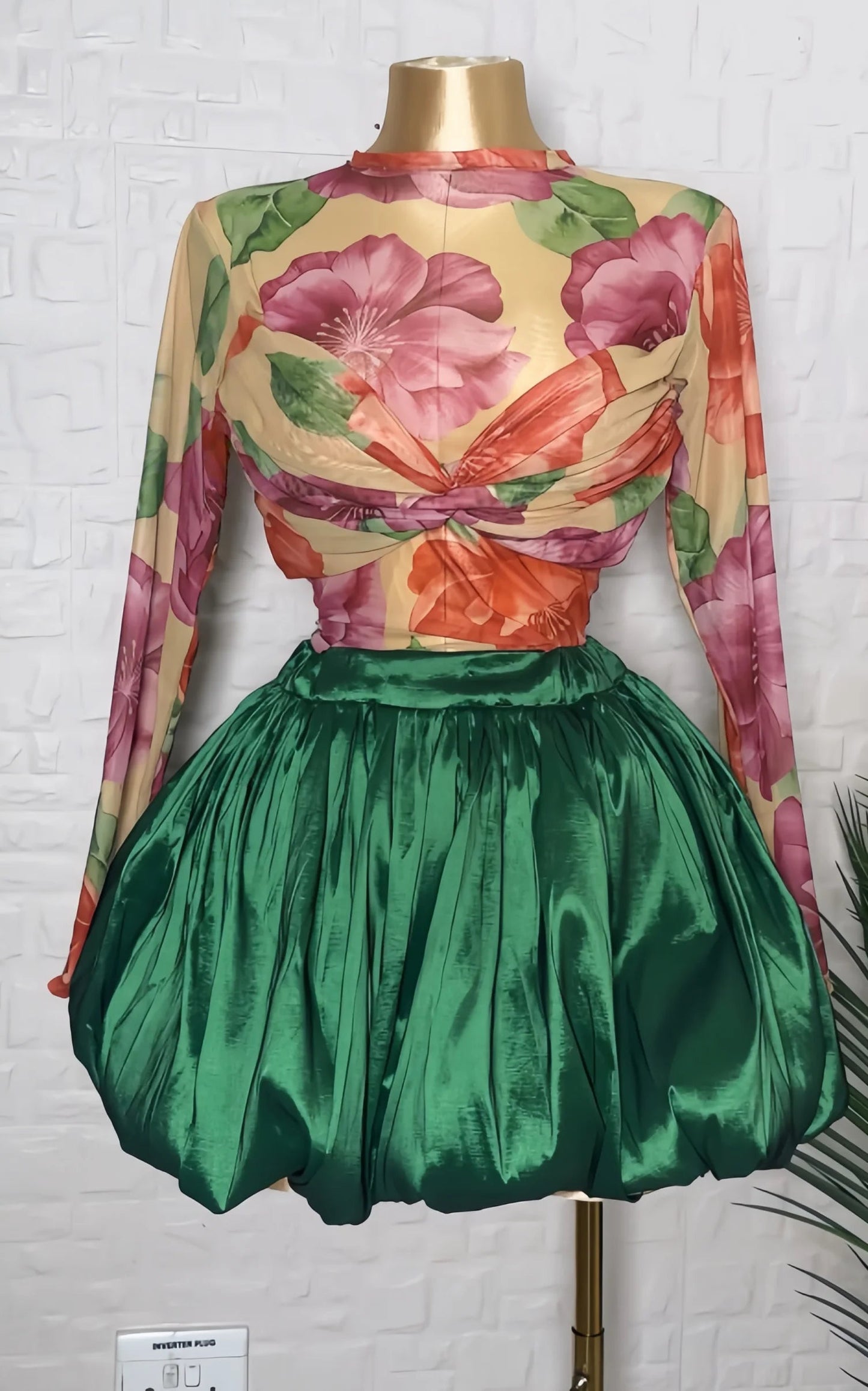 Ruched Cross Floral Print Bud Mini Skirt Suit