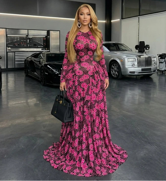 Women O-Neck Floral Print Pleated Maxi Dress