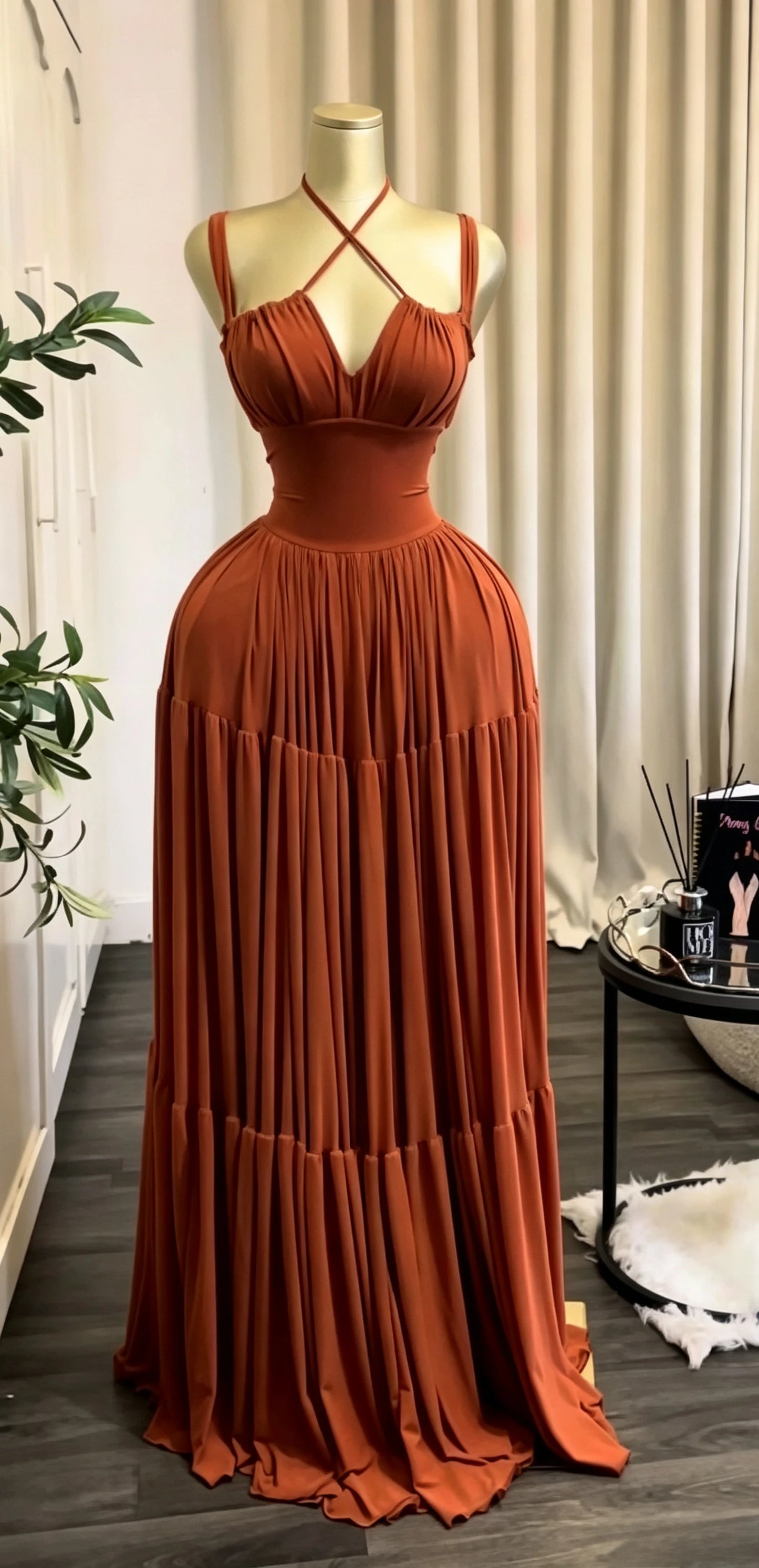 Long Strapless Halter Slim Pleated Dress