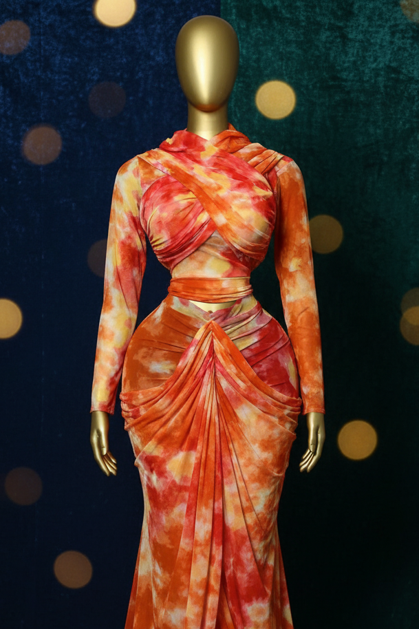 Tie Dye Printed Crop Top + Ruched Maxi Skirt