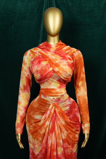 Tie Dye Printed Crop Top + Ruched Maxi Skirt