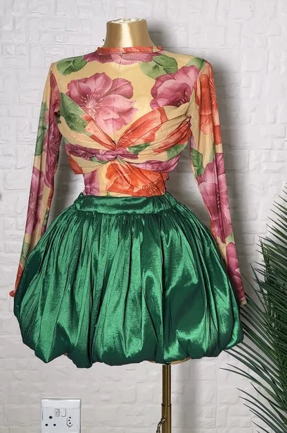 Ruched Cross Floral Print Bud Mini Skirt Suit